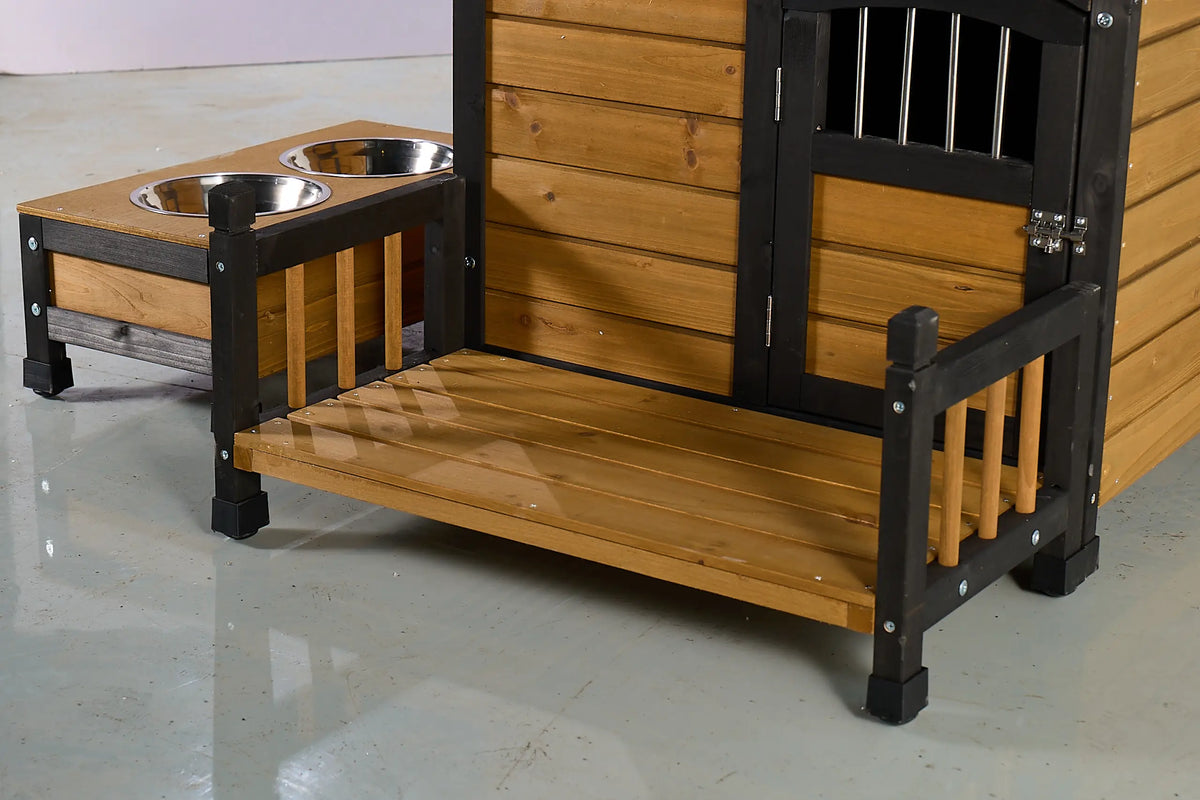 Waterproof Outdoor Wooden Dog Kennel with Double Bowls and Balcony