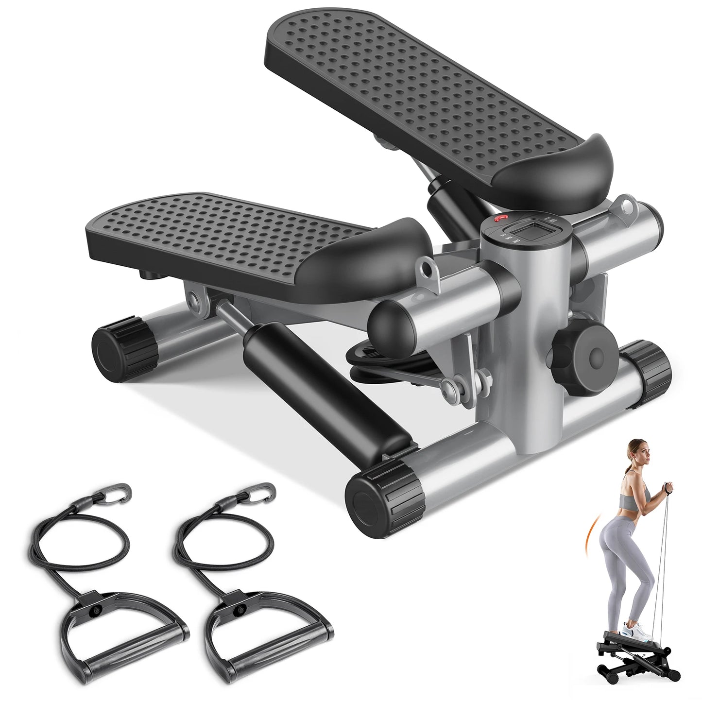 JHK Mini Stepper with Resistance Bands 300 LBS Weight Capacity Hydraulic Home Stepper Machine Compact Cardio Equipment with LCD Monitor No Assembly Required