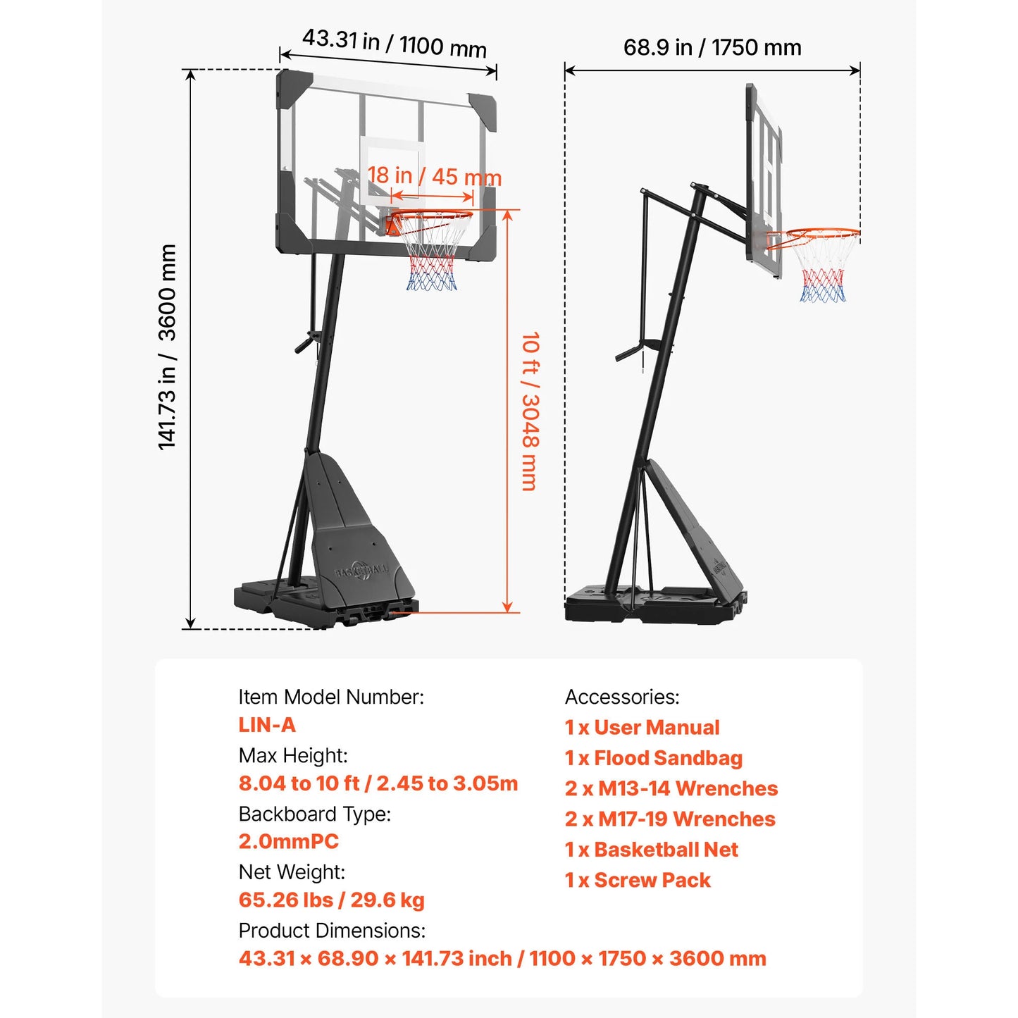 Portable Basketball Stand With Adjustable Height And Polycarbonate Backboard