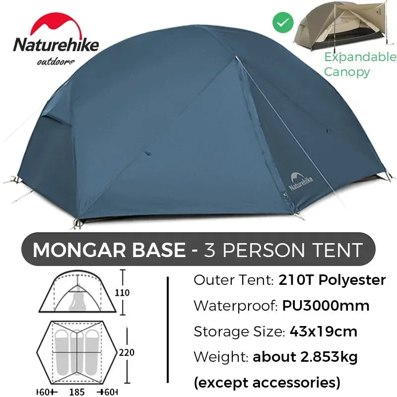Naturehike Mongar BASE Camping Tent 2-3 People 210T Polyester 3 Season Tent Ultralright Portable Water Protective Travel Tent