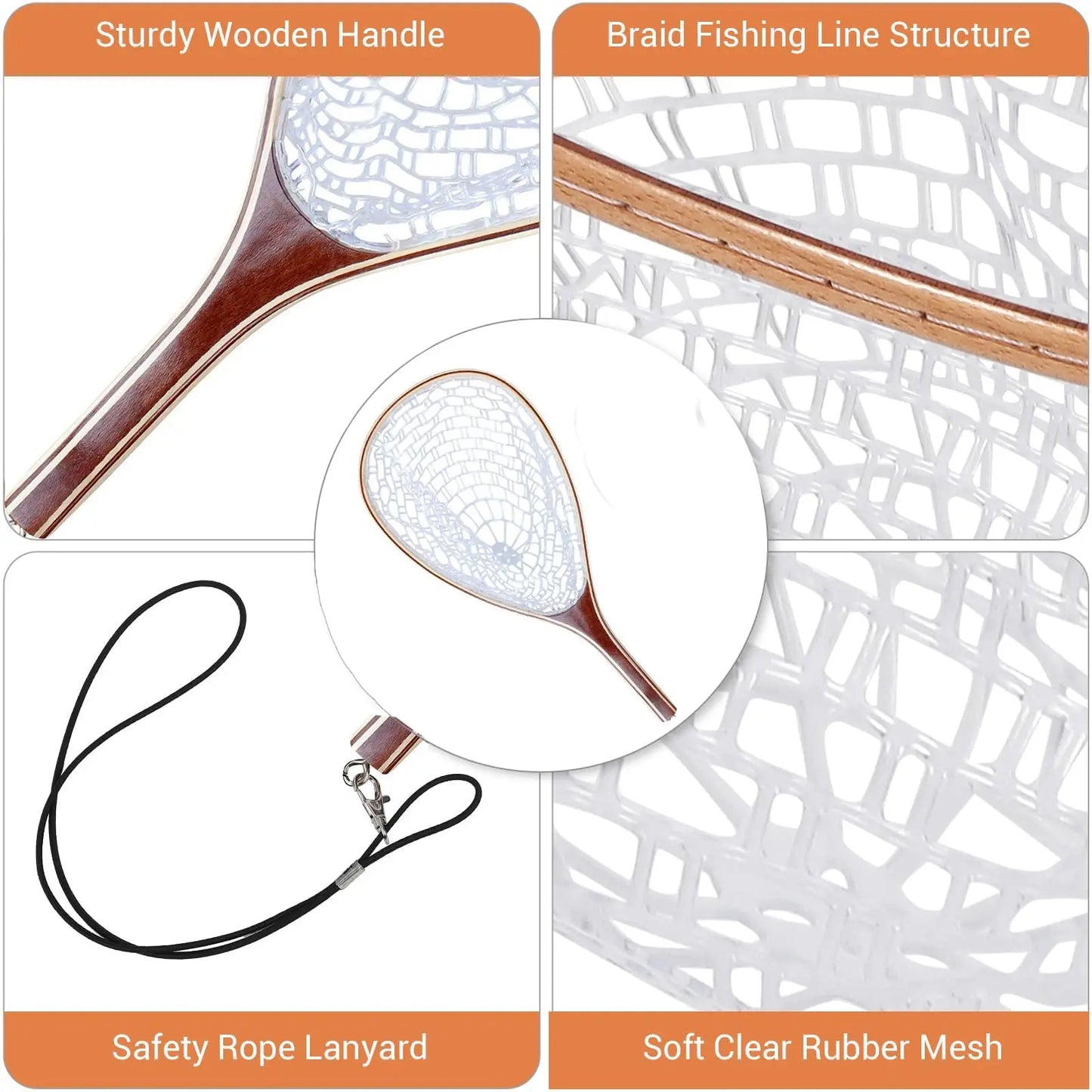 Wooden Frame Fly Fishing Landing Net Knotless Rubber Mesh Fish Friendly
