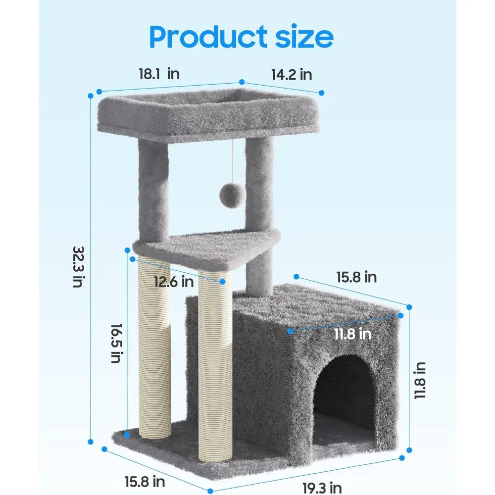Multi Level Cat Tree Tower 33 Inch Condo Scratching Posts Large Perch Hanging Toy for Big Indoor Cats Gray