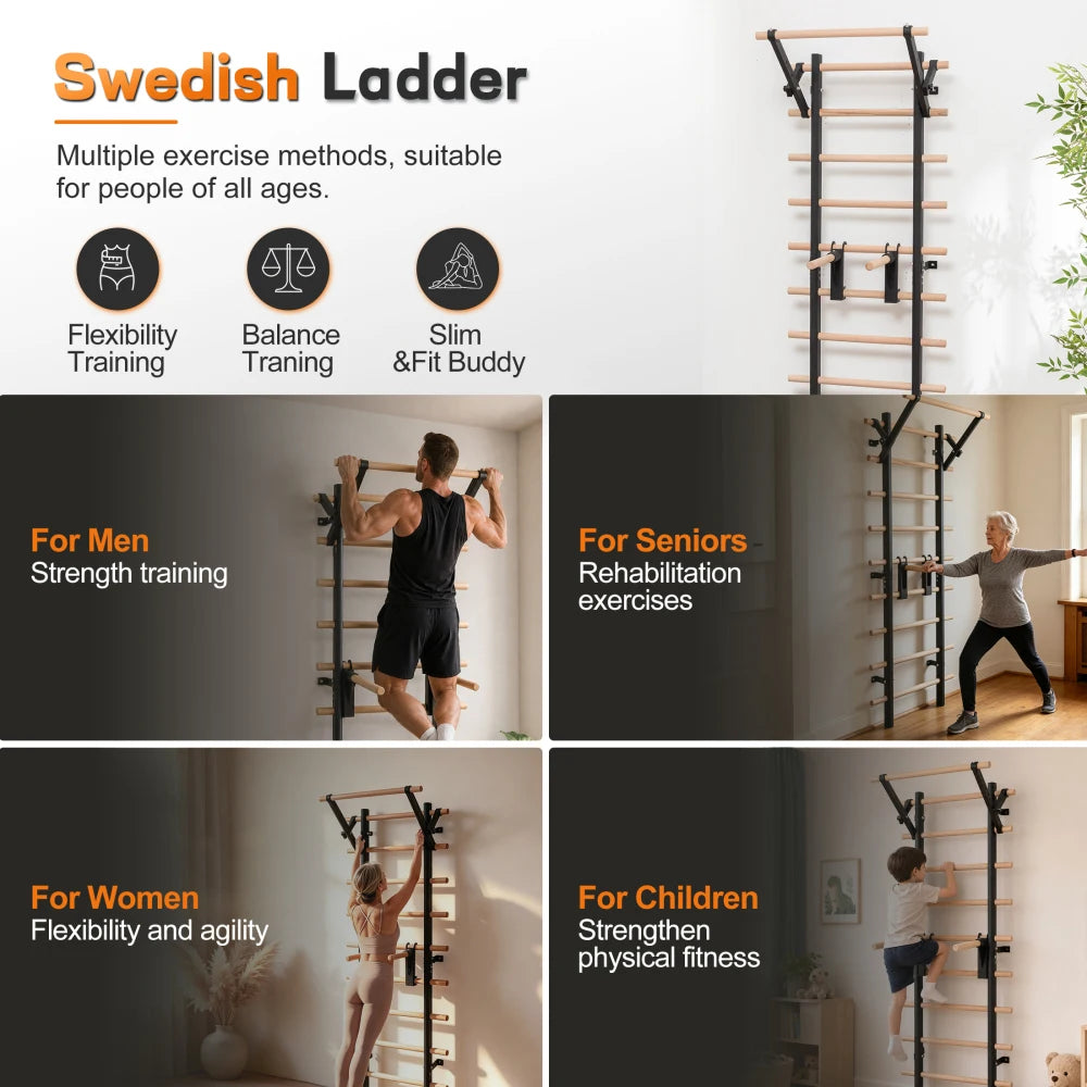 Swedish Ladder Wall Gym With Adjustable Pullup And Dip Bars
