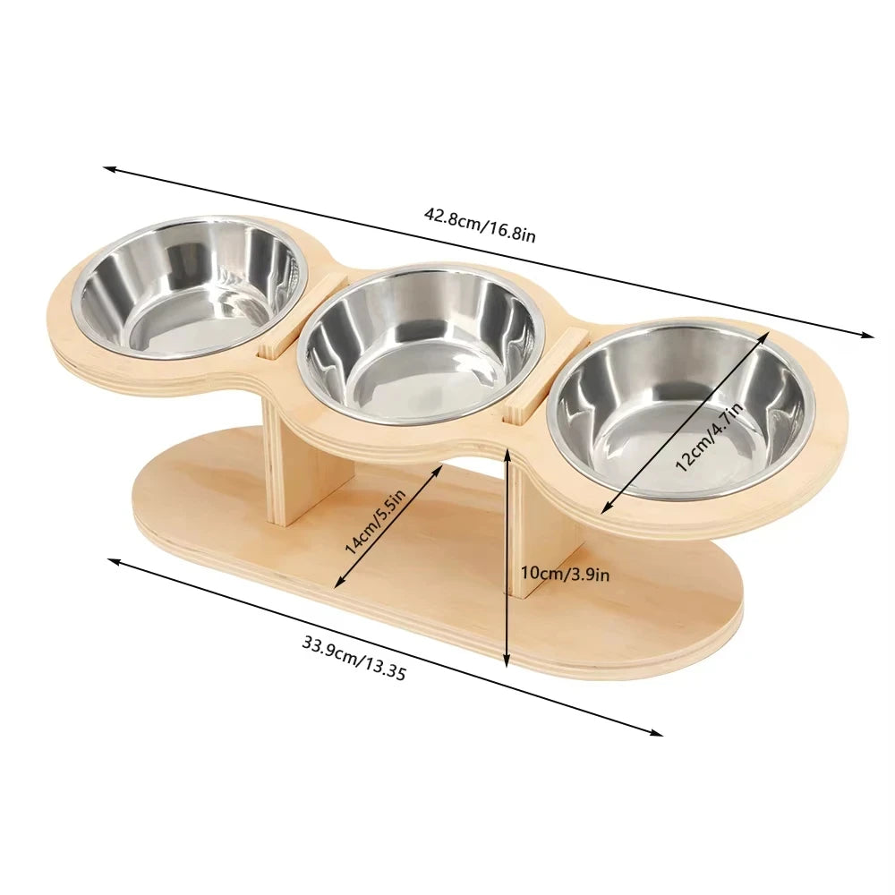 Cat 3 Stainless Steel Bowls Raised Feeder With Tilted 15 Silicone Mat Wood Stand