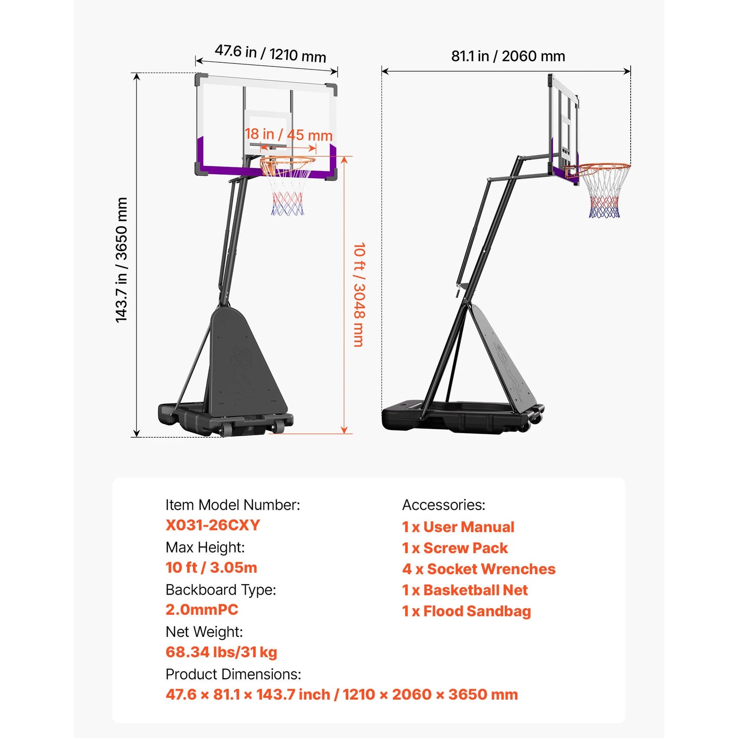 Portable Basketball Stand With Adjustable Height And Polycarbonate Backboard