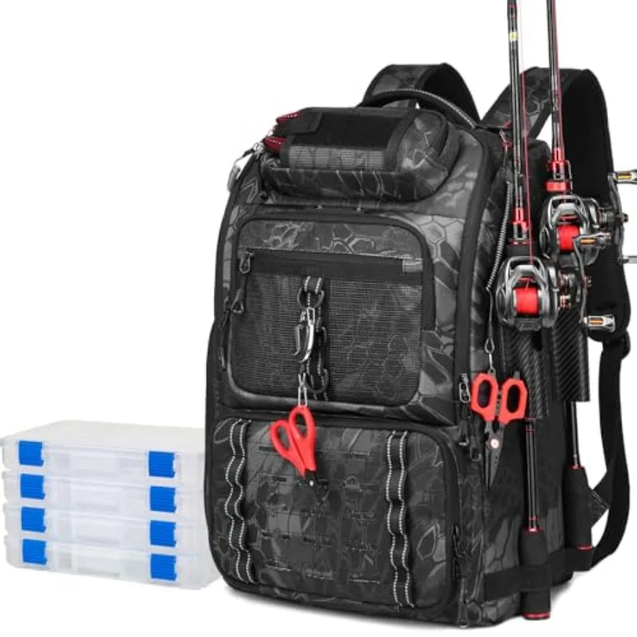 Fishing Tackle Backpack With Two Rod Holders And Gear Storage