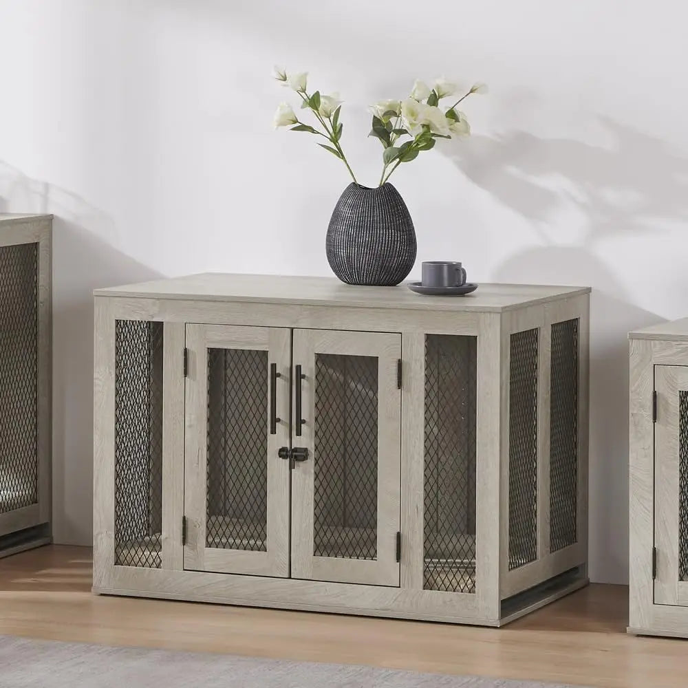 Modern End Table Dog Crate With Sturdy Tray And Comfort Cushion