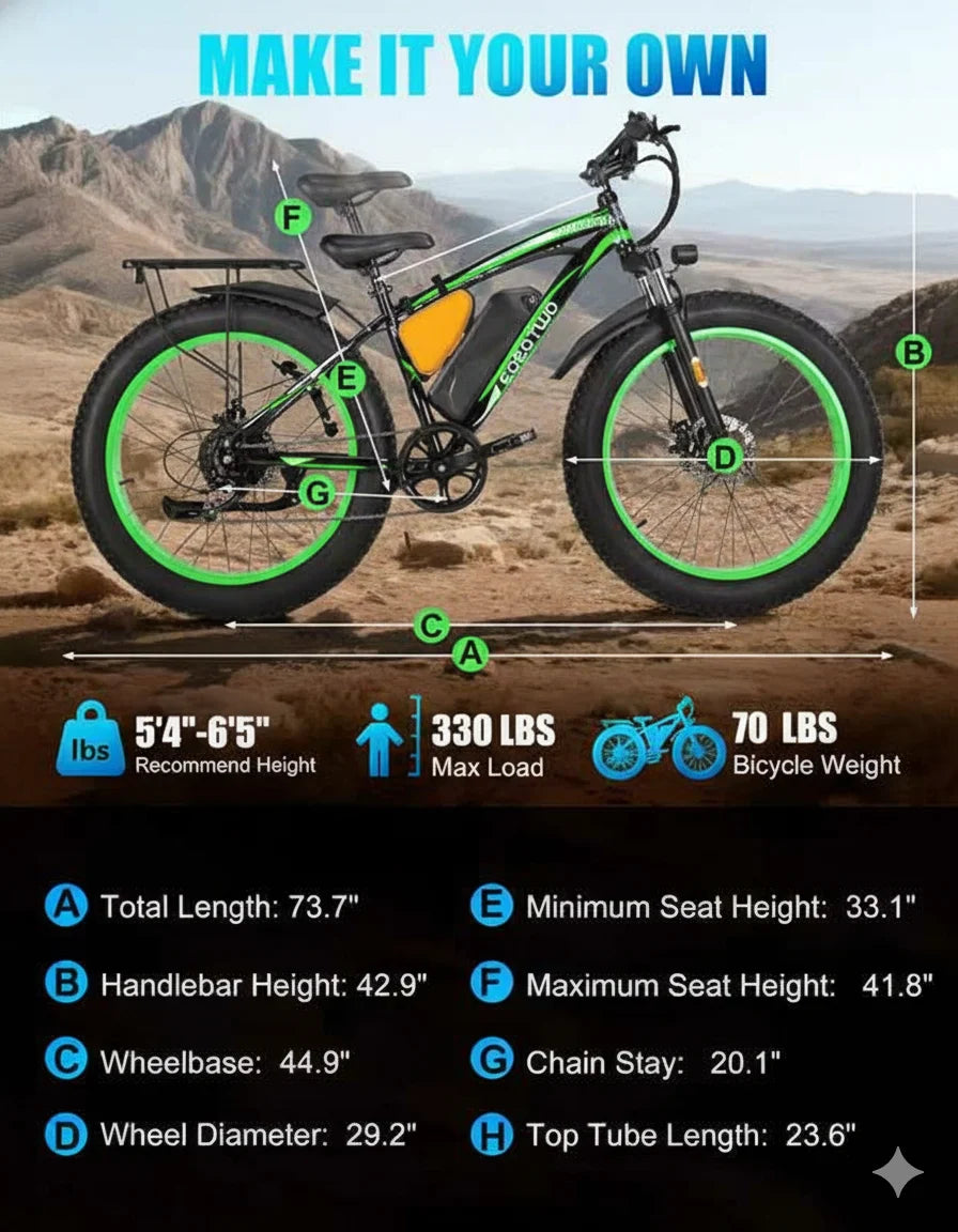 EOEOTWO Fat Tire Electric Bike 48V 20Ah Battery 1000W Motor Up To 30 MPH