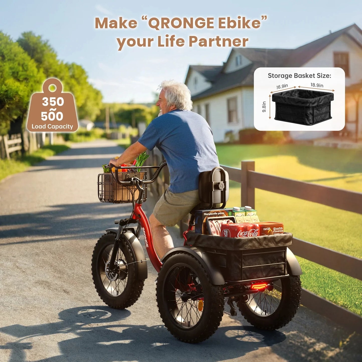 QRONGE Electric Bike Folding Tricycle 960W Peak 36V Battery