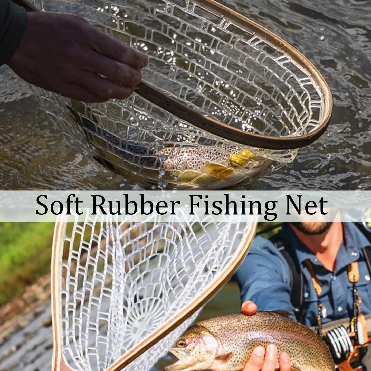 Soft Rubber Mesh Fly Fishing Net With Wooden Handle