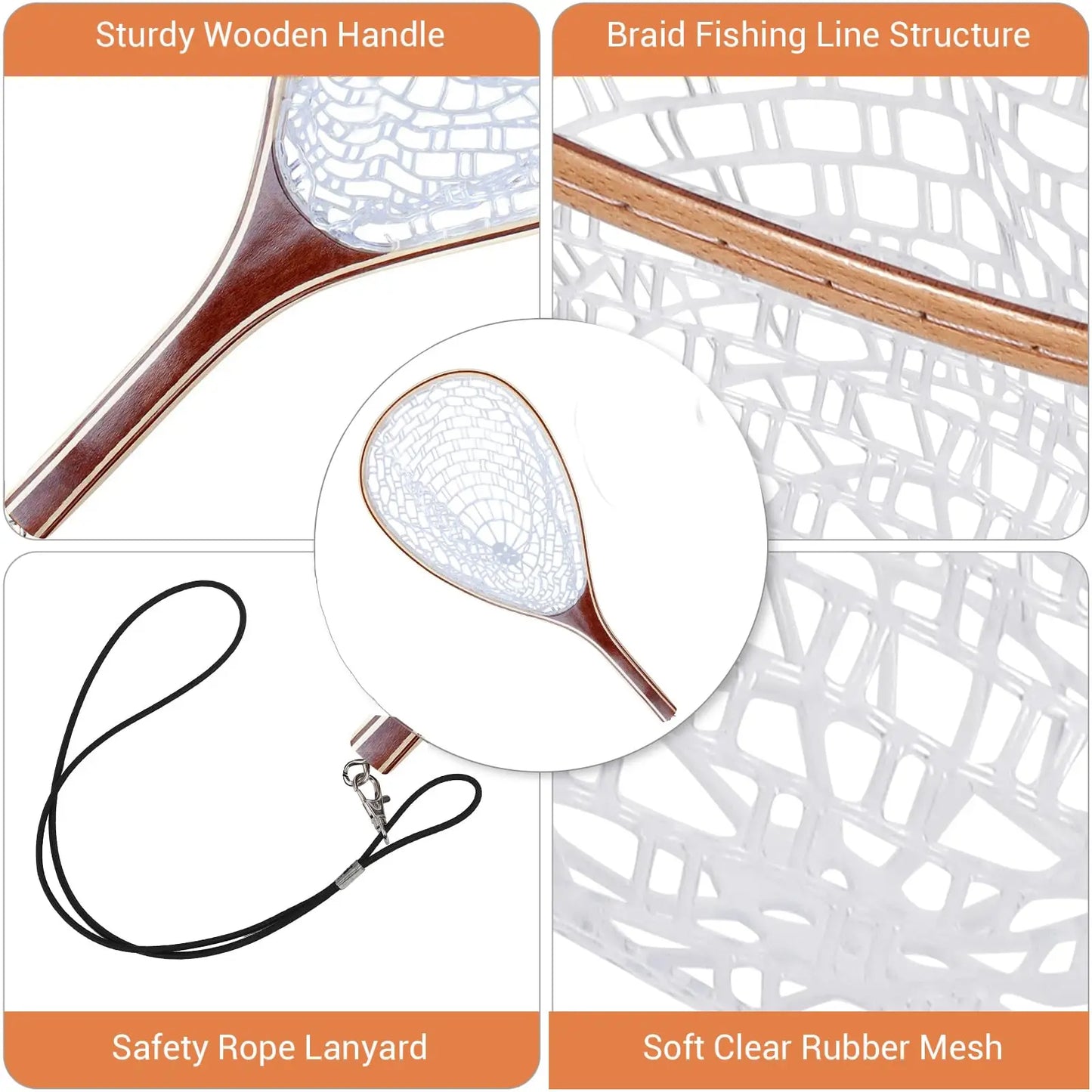 Soft Rubber Mesh Fly Fishing Net With Wooden Handle