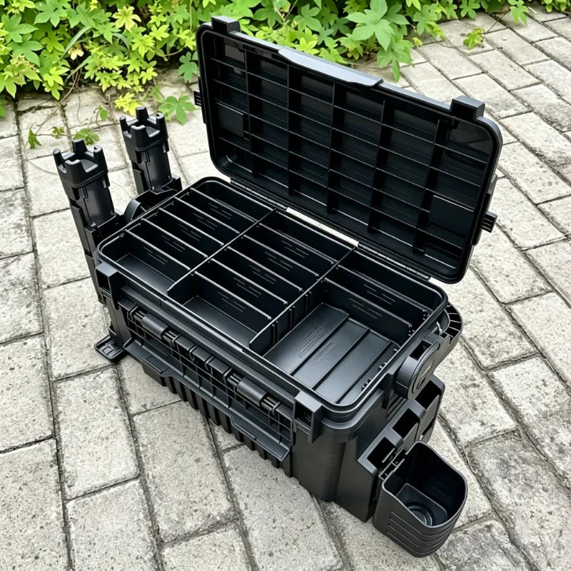 Portable Fishing Tackle Box with Rod Holders, Waterproof Multi-Functional Fishing Storage Seat Box, Large Capacity Fishing Organizer with Dividers for Lures, Baits, Tools, Outdoor Fishing
