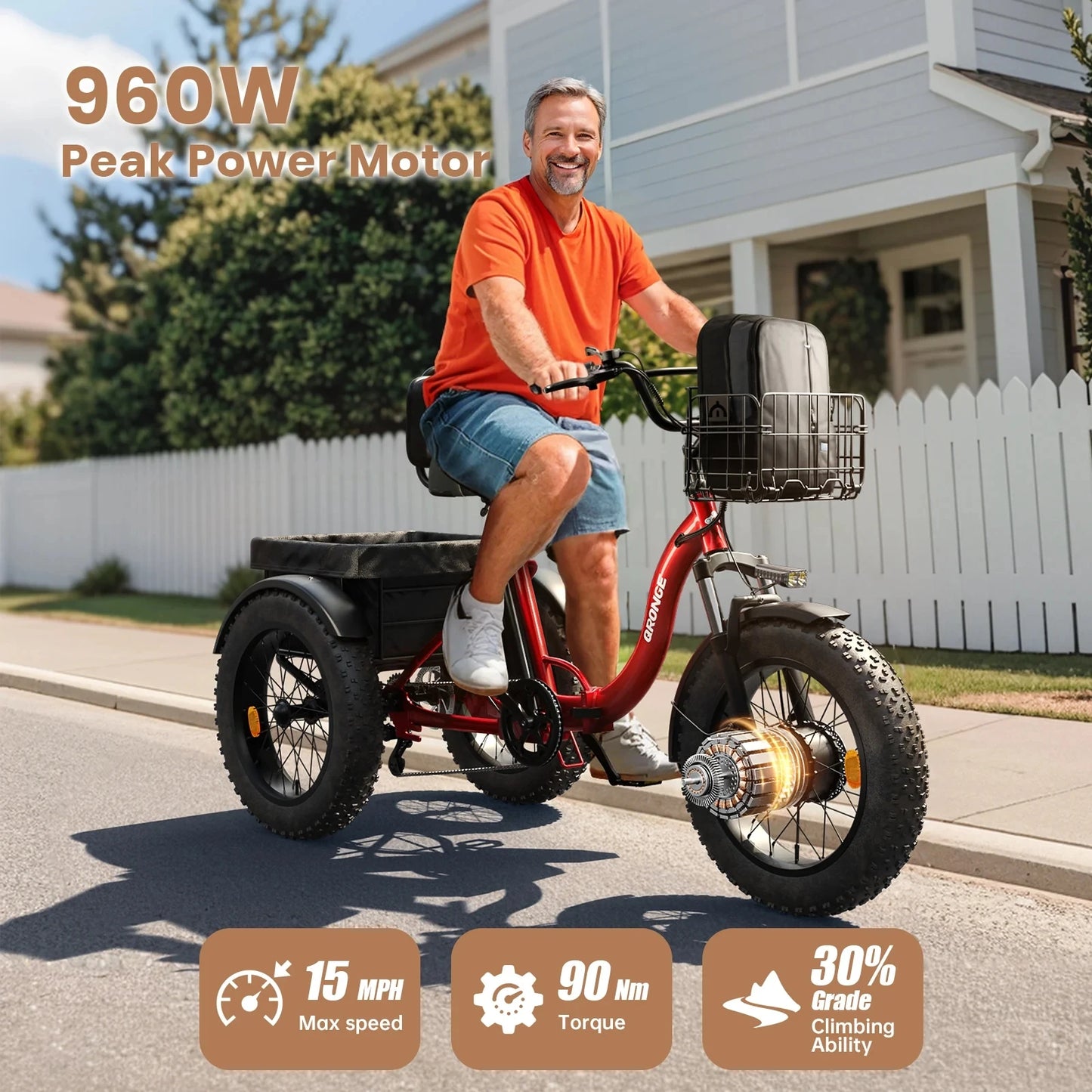 QRONGE Electric Bike Folding Tricycle 960W Peak 36V Battery