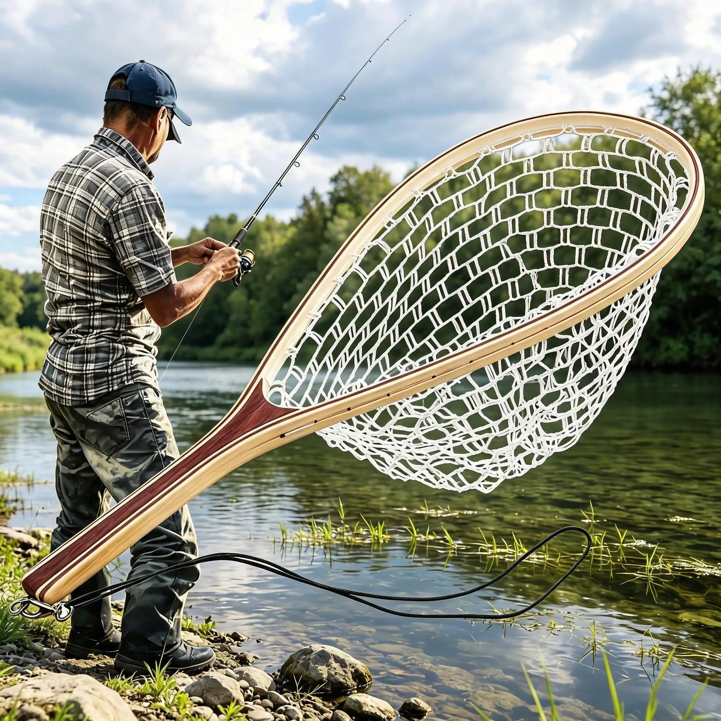Soft Rubber Mesh Fly Fishing Net With Wooden Handle