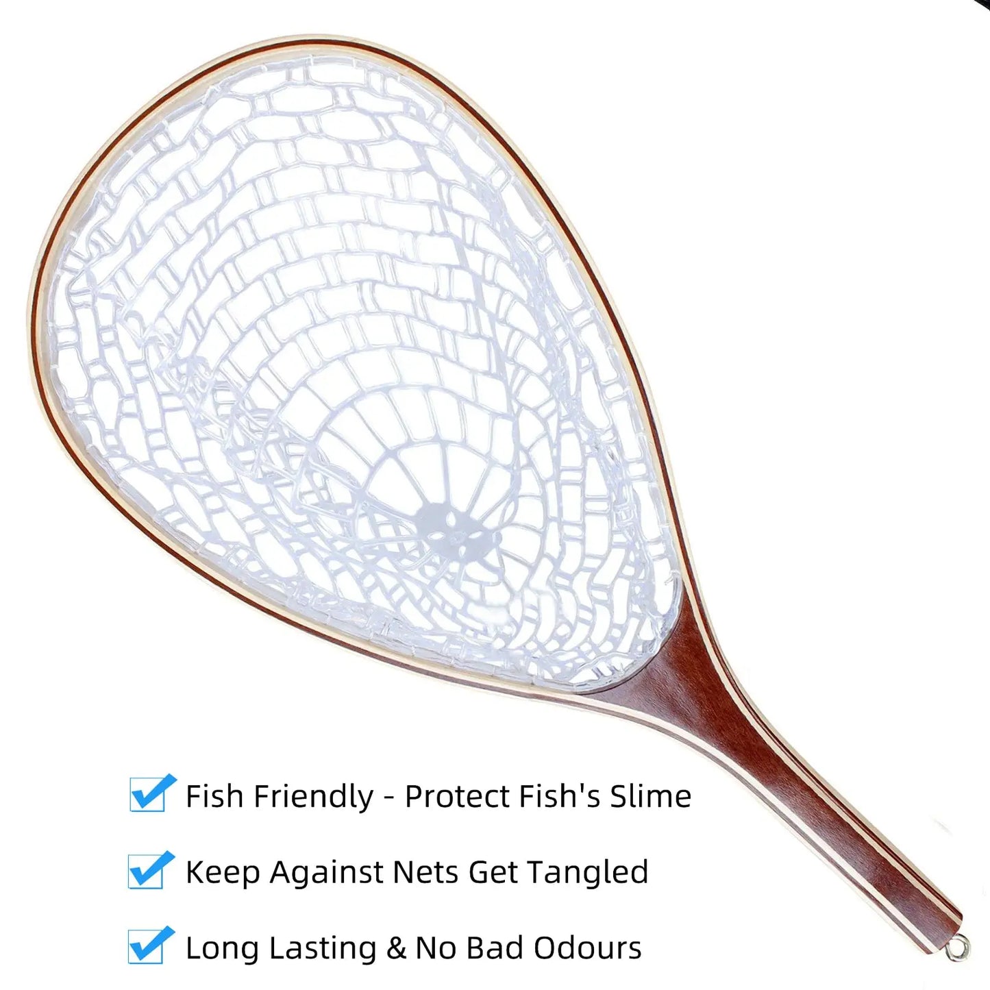 Soft Rubber Mesh Fly Fishing Net With Wooden Handle