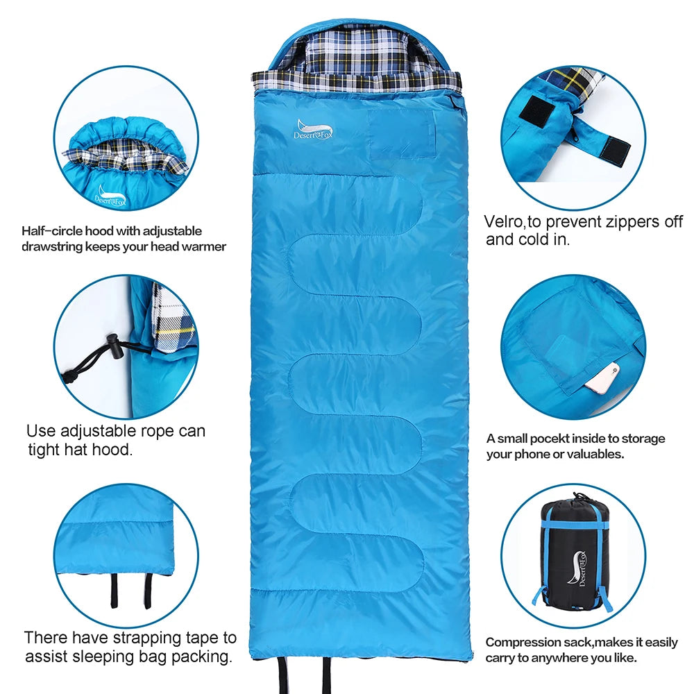 Desert&Fox Soft Flannel Sleeping Bags with Pillow for Adult Kids Winter Sleeping Bag Warm Lining Hiking Camping Bags with Sack