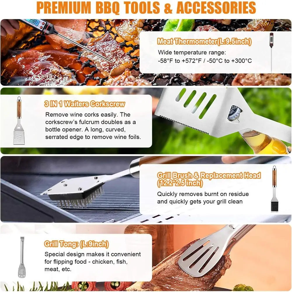 38Pcs BBQ Tools Grilling Accessories Set | 16 Inch Stainless Steel Grill Tools, Thermometer, Grill Mats for Camping, Backyard Ba