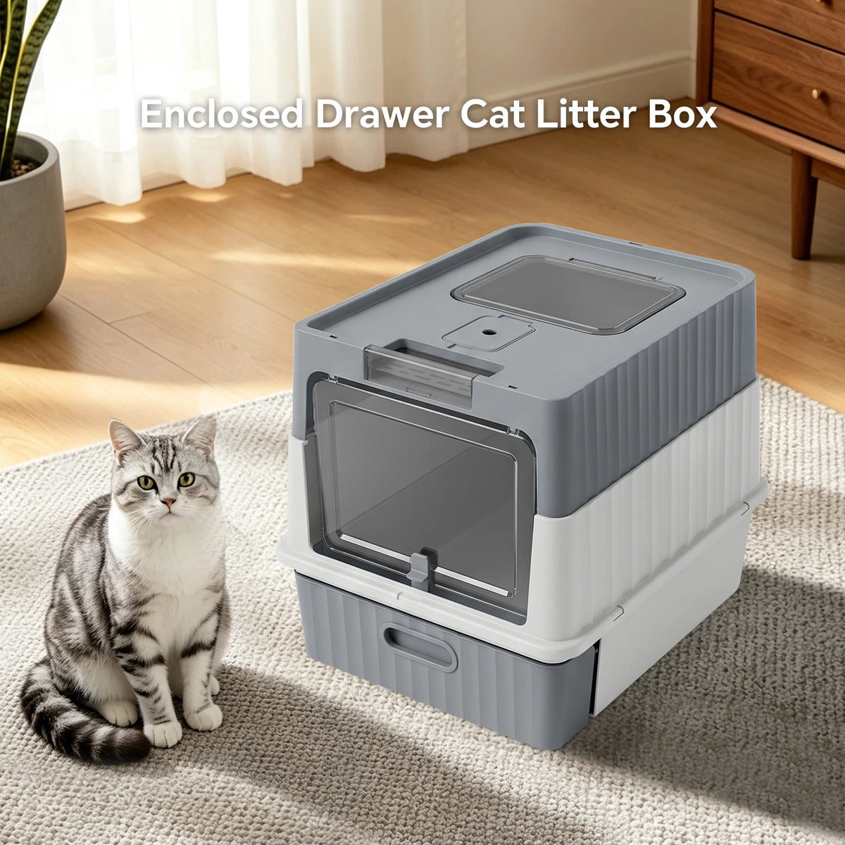 Mofang Enclosed Cat Litter Box With Easy Clean Drawer Scoop