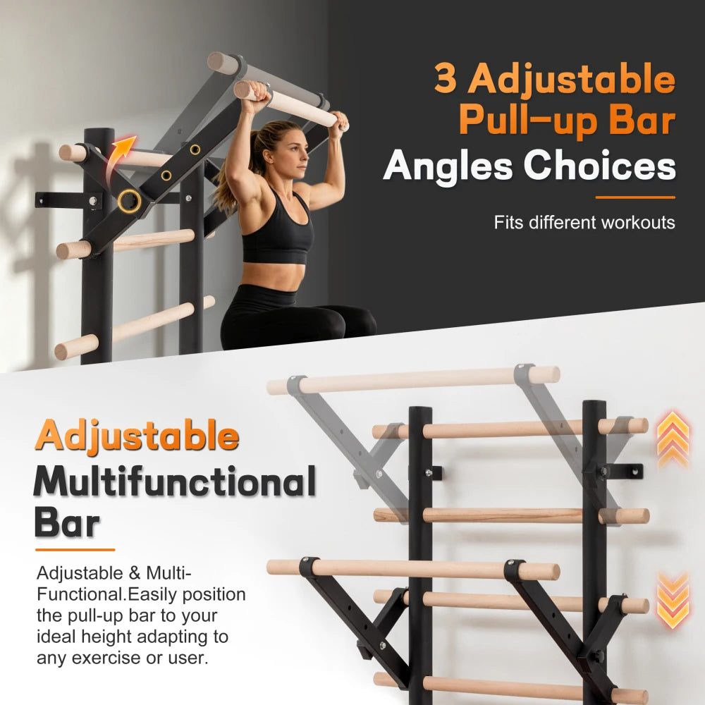Swedish Ladder Wall Gym With Adjustable Pullup And Dip Bars