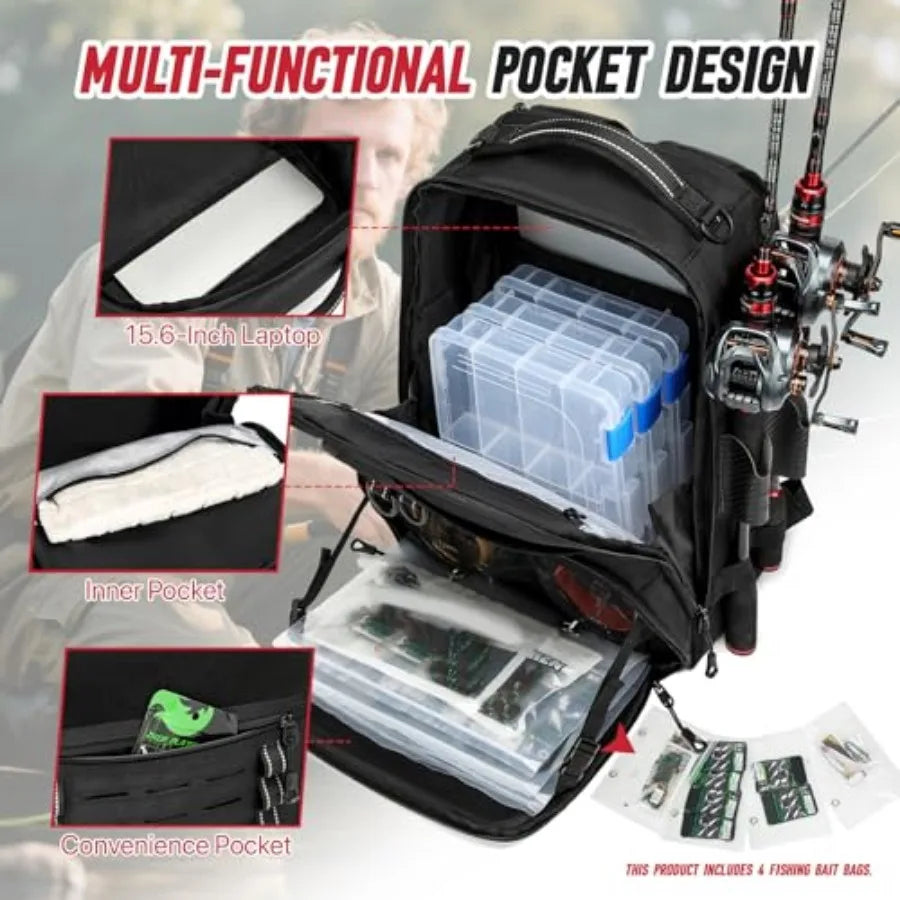 Fishing Tackle Backpack With Two Rod Holders And Gear Storage