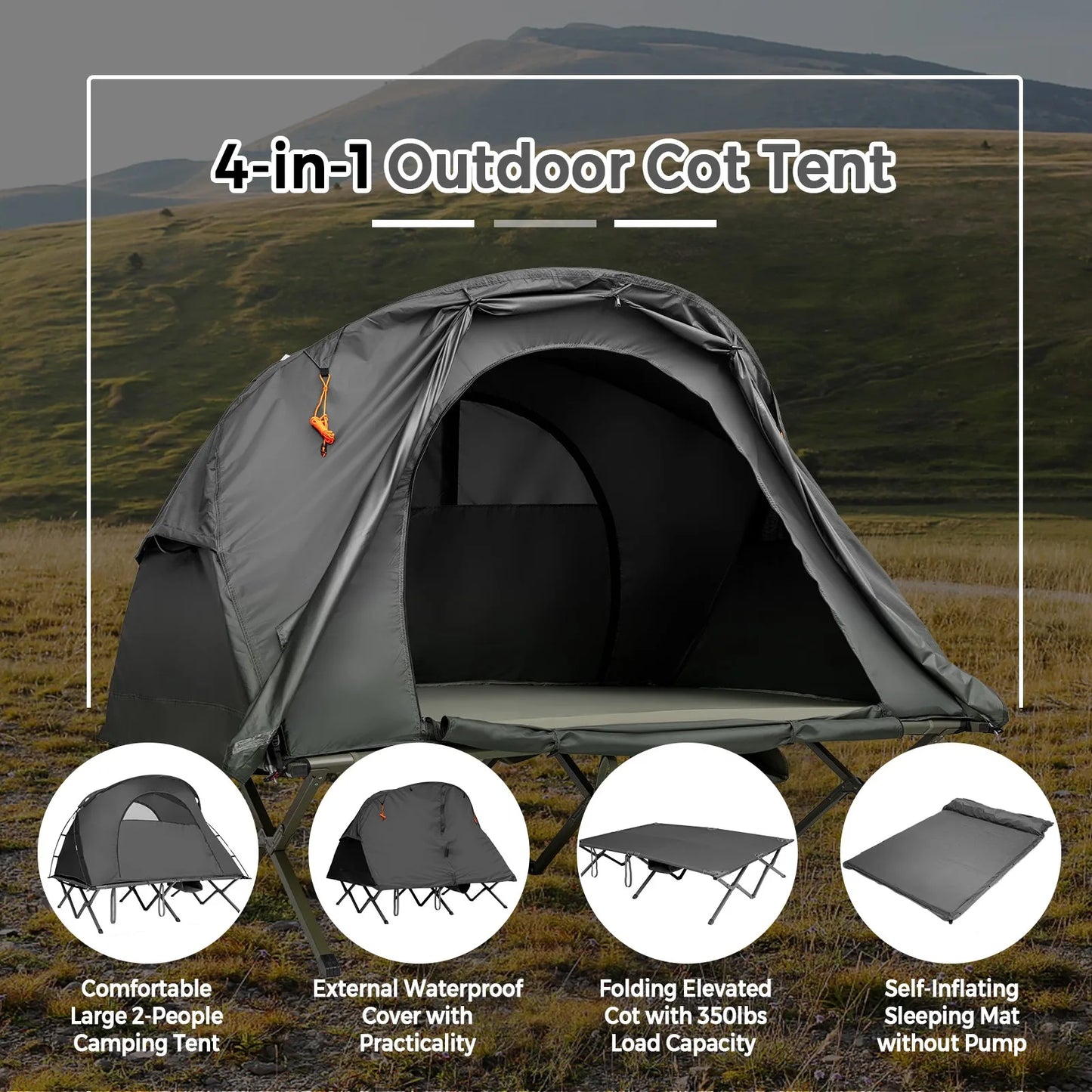 Outdoor Two Person Camping Tent Cot with External Cover