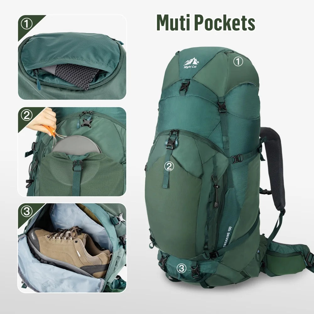 Night Cat Internal-frame Hiking Backpack: 100L Large Camping Backpack for Men Women Hiking Climbing Traveling Waterproof Rain Cover