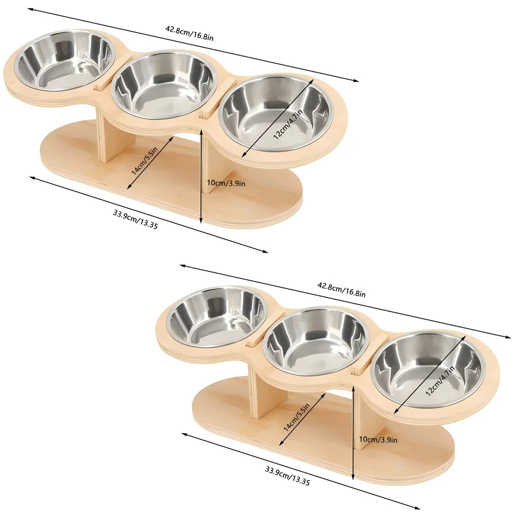 Cat 3 Stainless Steel Bowls Raised Feeder With Tilted 15 Silicone Mat Wood Stand