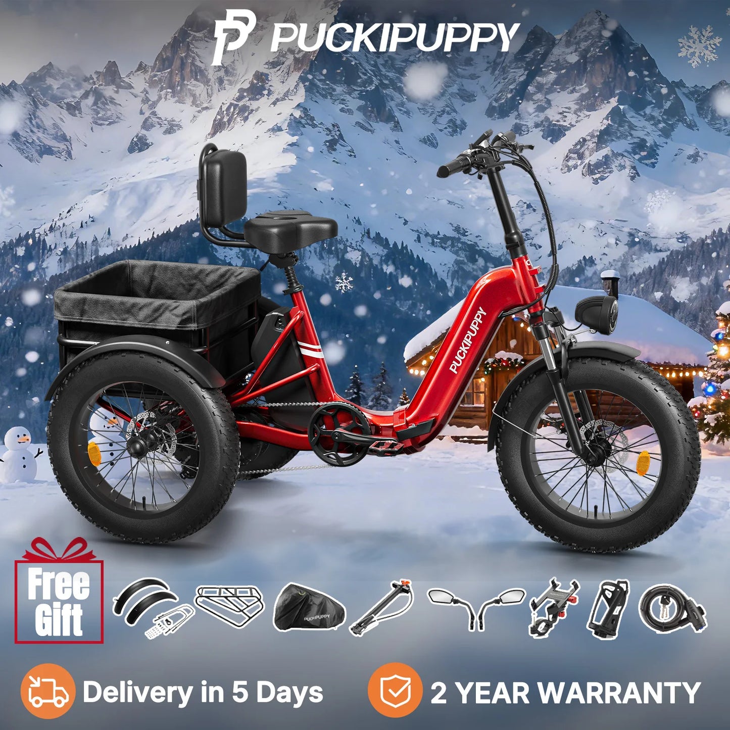 PUCKIPUPPY Husky Electric Trike 960W Peak Motor 60 Mile Range
