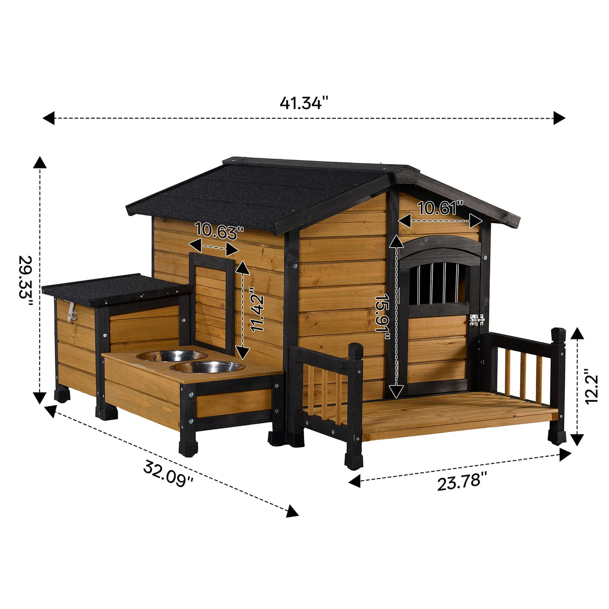Waterproof Outdoor Wooden Dog Kennel with Double Bowls and Balcony