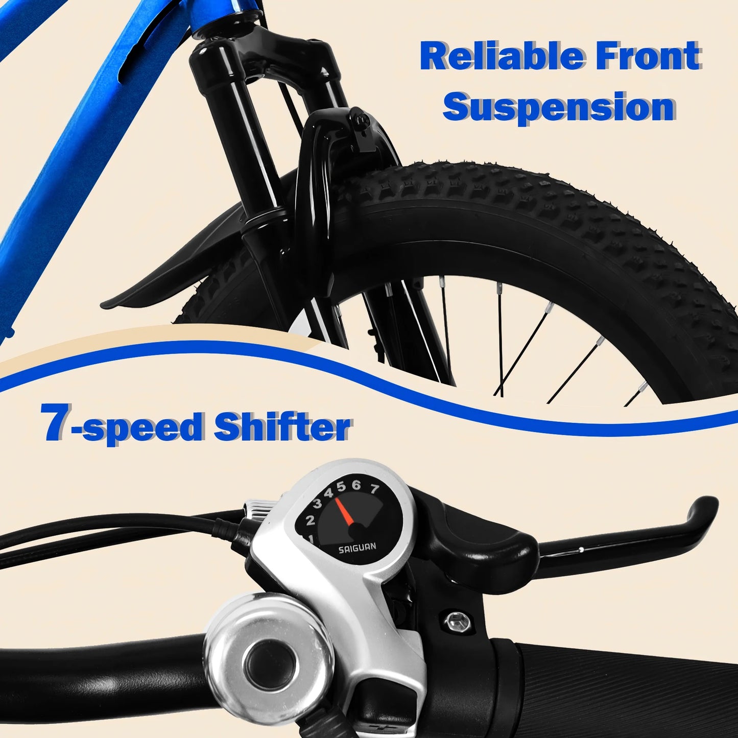 20 inch Mountain Kids Bike for Boys & Girls, Ages 6-12, 7-Speed with Front Suspension
