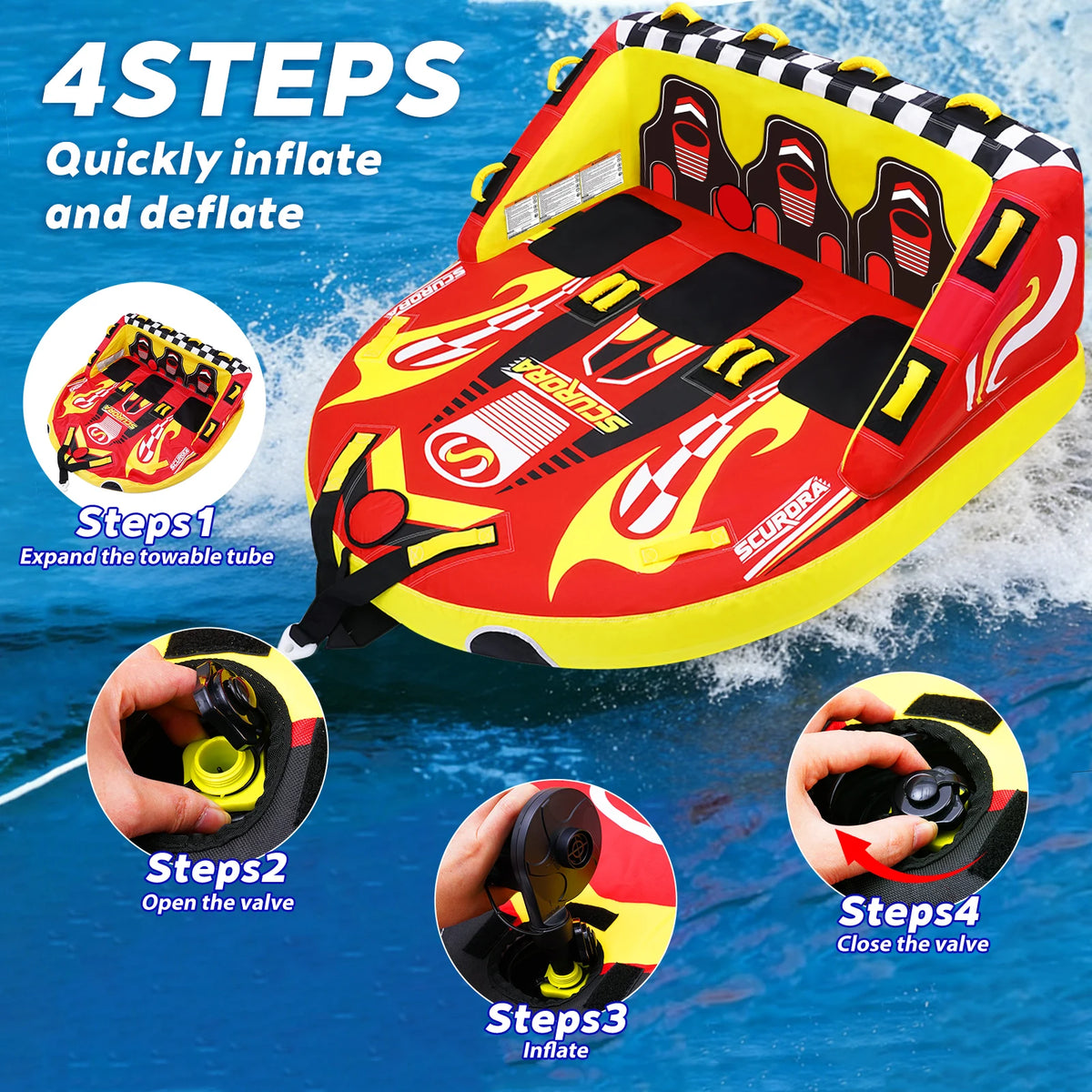 Three Person Towable Inflatable Tube for Boating and Water Sports
