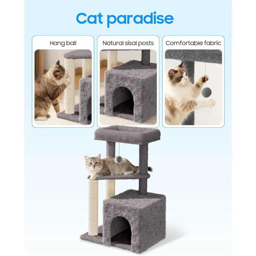 Multi Level Cat Tree Tower 33 Inch Condo Scratching Posts Large Perch Hanging Toy for Big Indoor Cats Gray