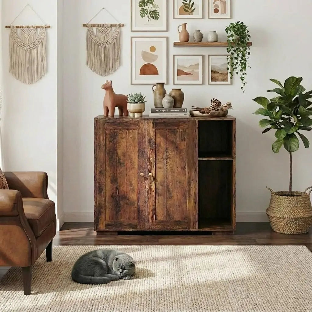 HiMISS Cat Litter Box Enclosure Cabinet With Built-In Outlet
