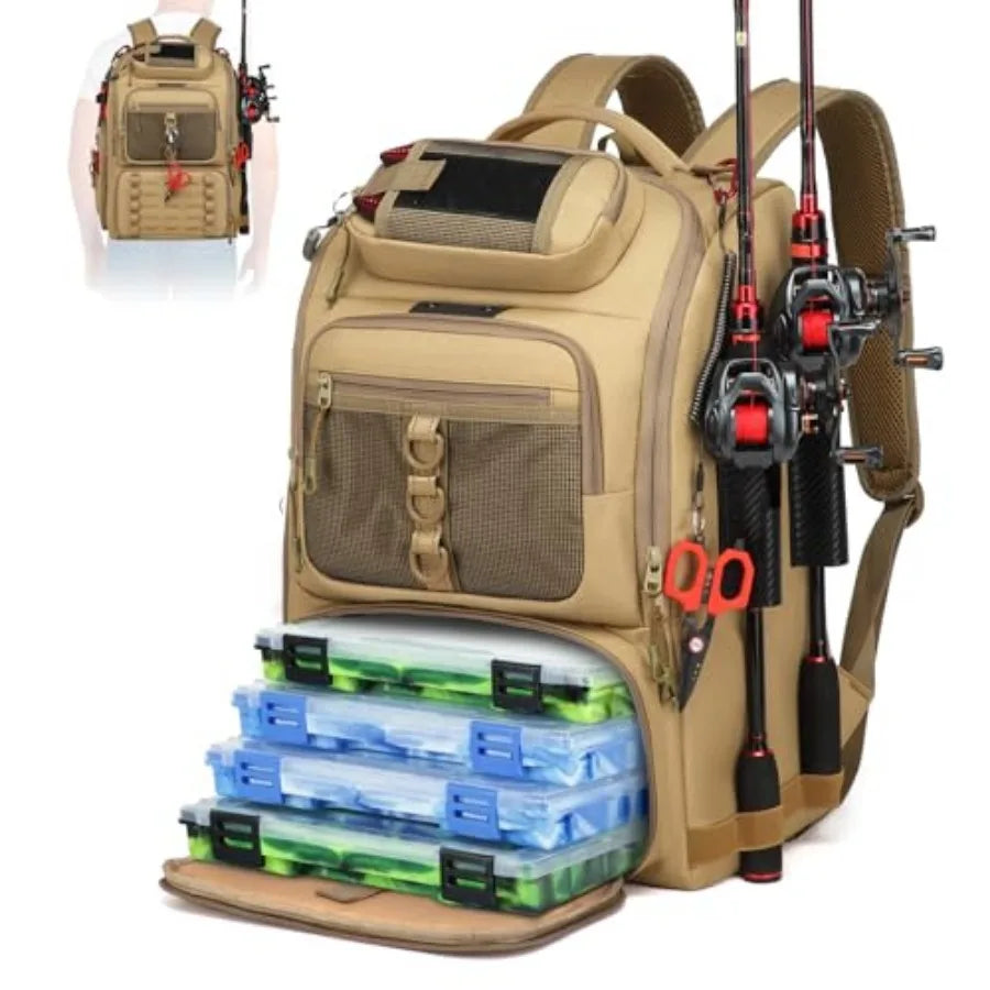 Fishing Tackle Backpack With Two Rod Holders And Gear Storage
