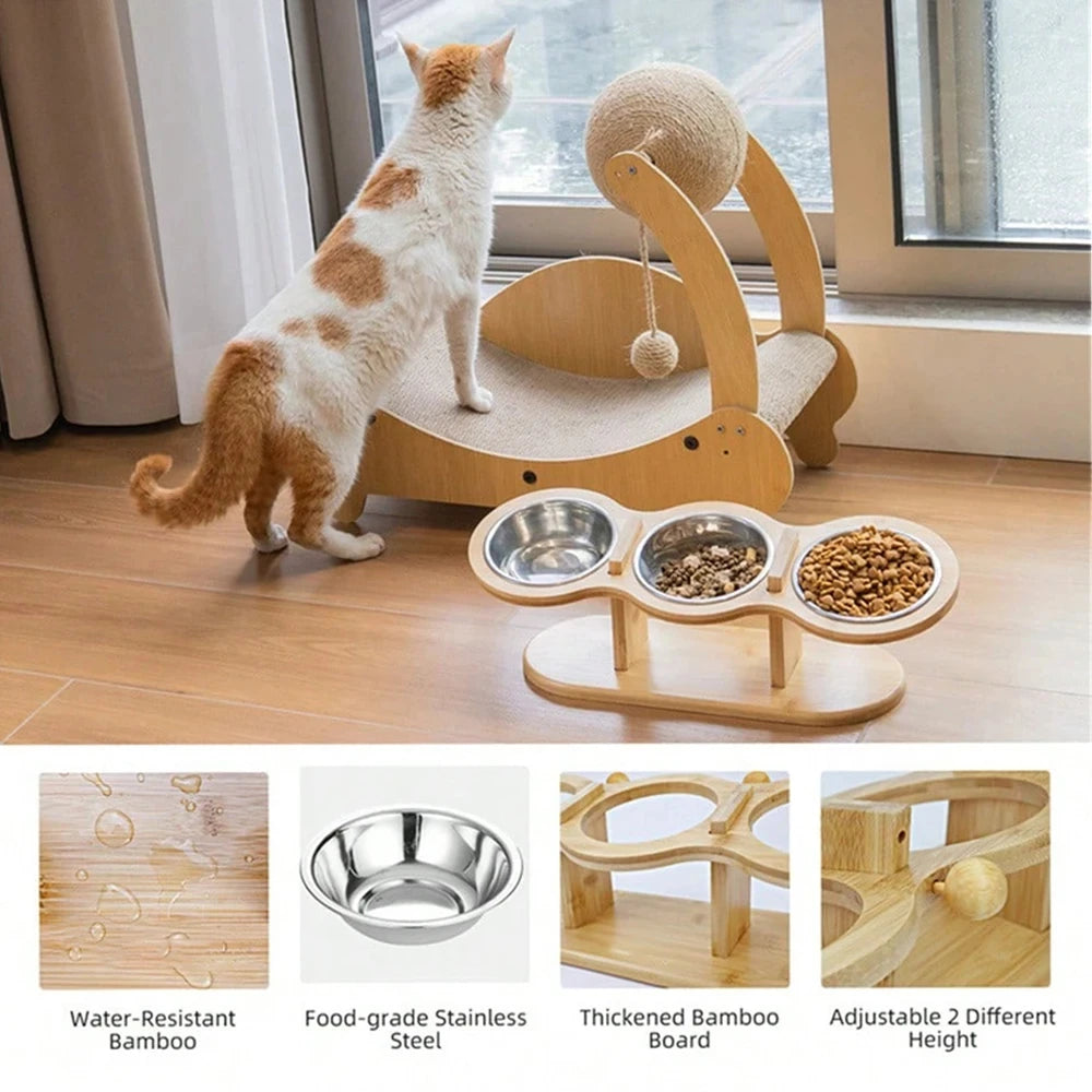 Cat 3 Stainless Steel Bowls Raised Feeder With Tilted 15 Silicone Mat Wood Stand