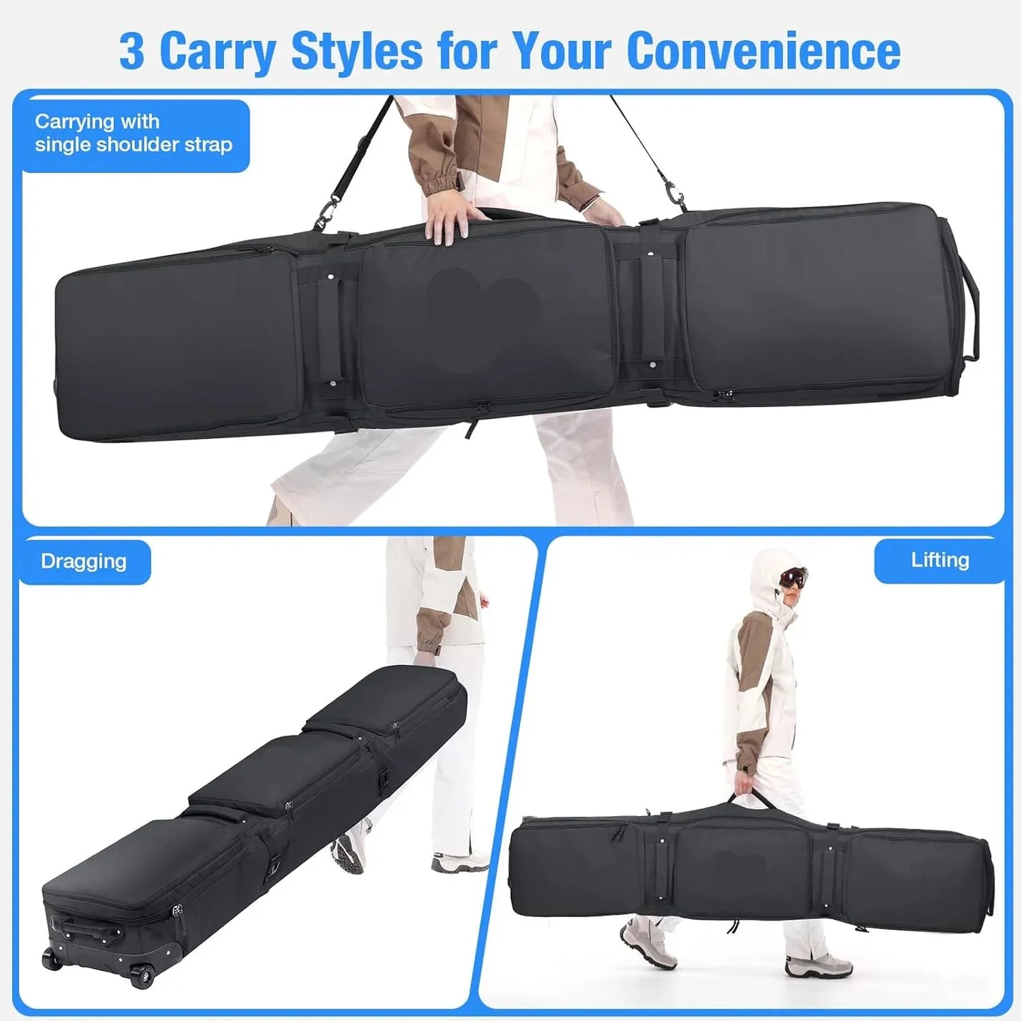 Wheeled Ski And Snowboard Bag Carrier Case For Winter Sports