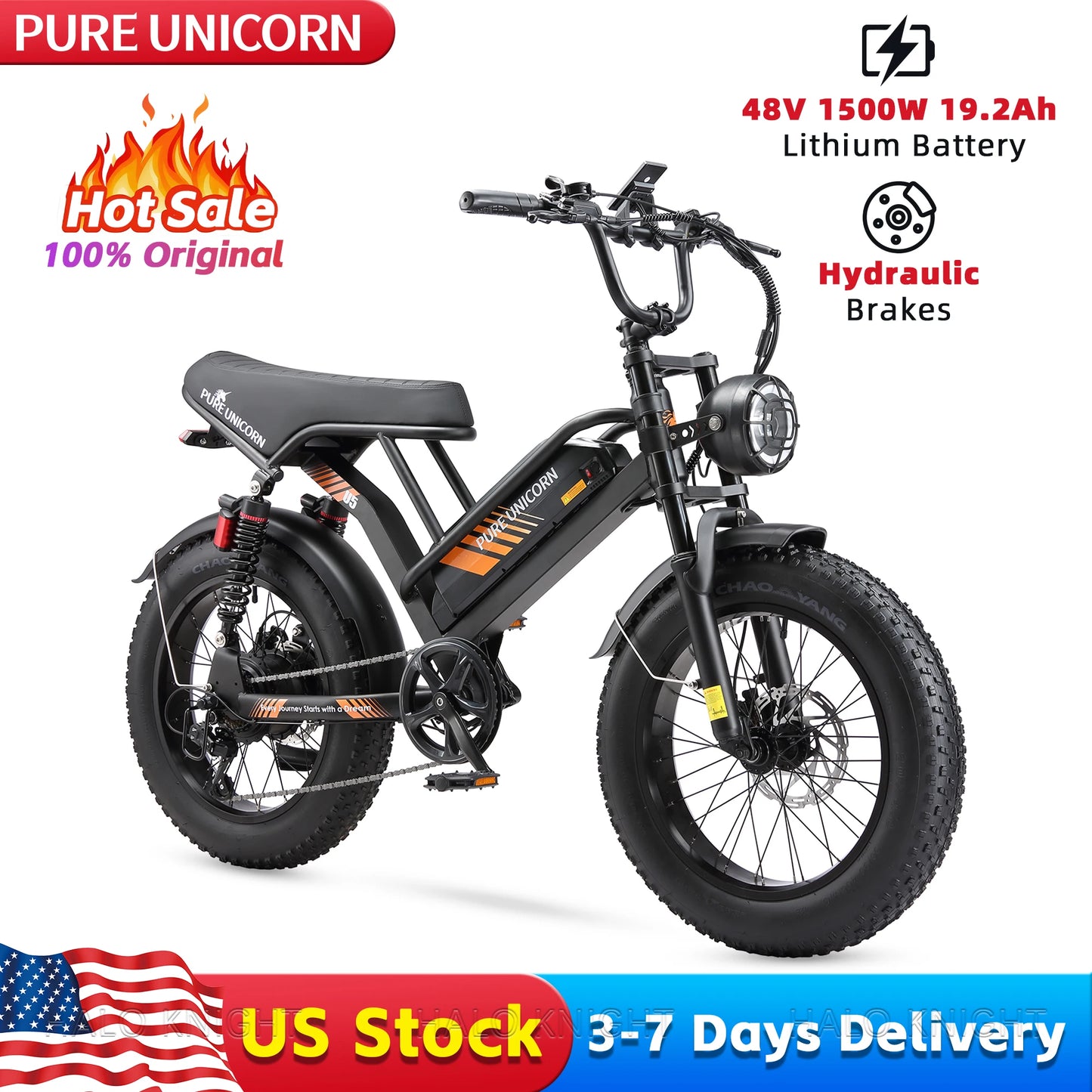 PURE UNICORN U5 1500W 20 Inch Fat Tire Adult Electric Bike 28MPH Ebike 48V 19.2Ah Mountain Hydraulic Brake Cheap Motorcycle Bike