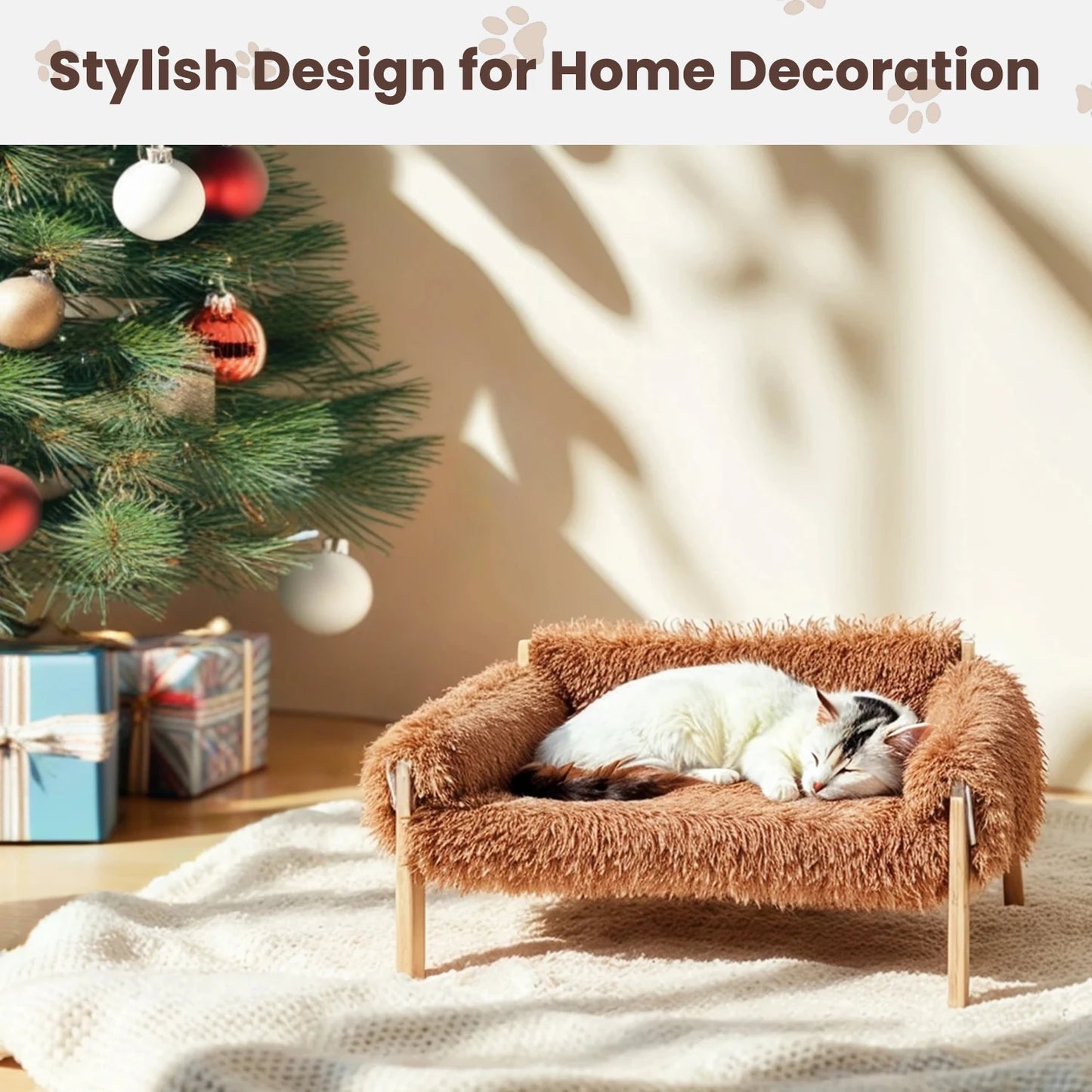 Raised Plush Cat Sofa Bed With Sturdy Wooden Legs Indoor