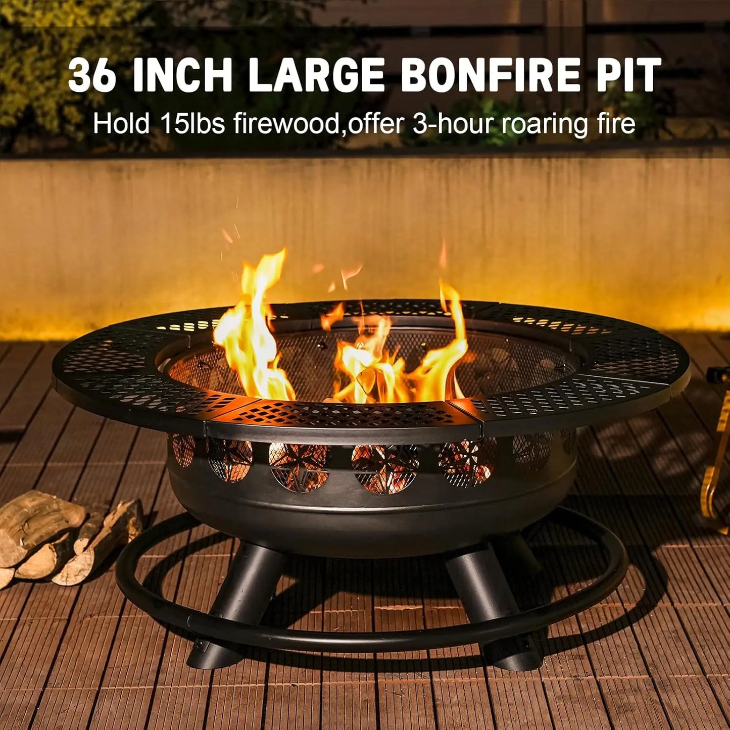 Outdoor Wood Burning Fire Pit With Cooking Grills And Lid