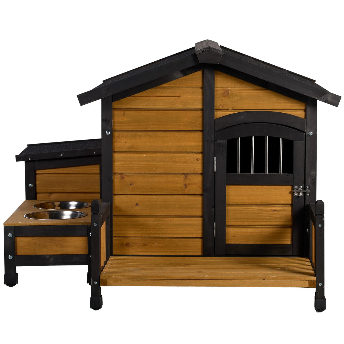 Waterproof Outdoor Wooden Dog Kennel with Double Bowls and Balcony