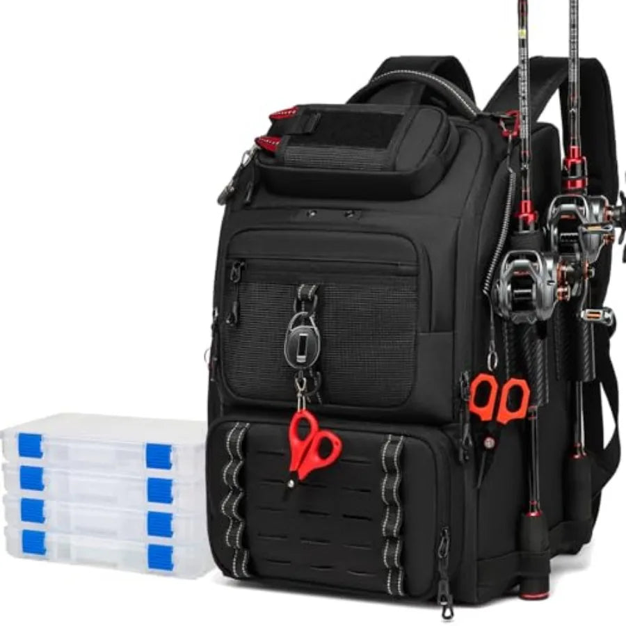 Fishing Tackle Backpack With Two Rod Holders And Gear Storage
