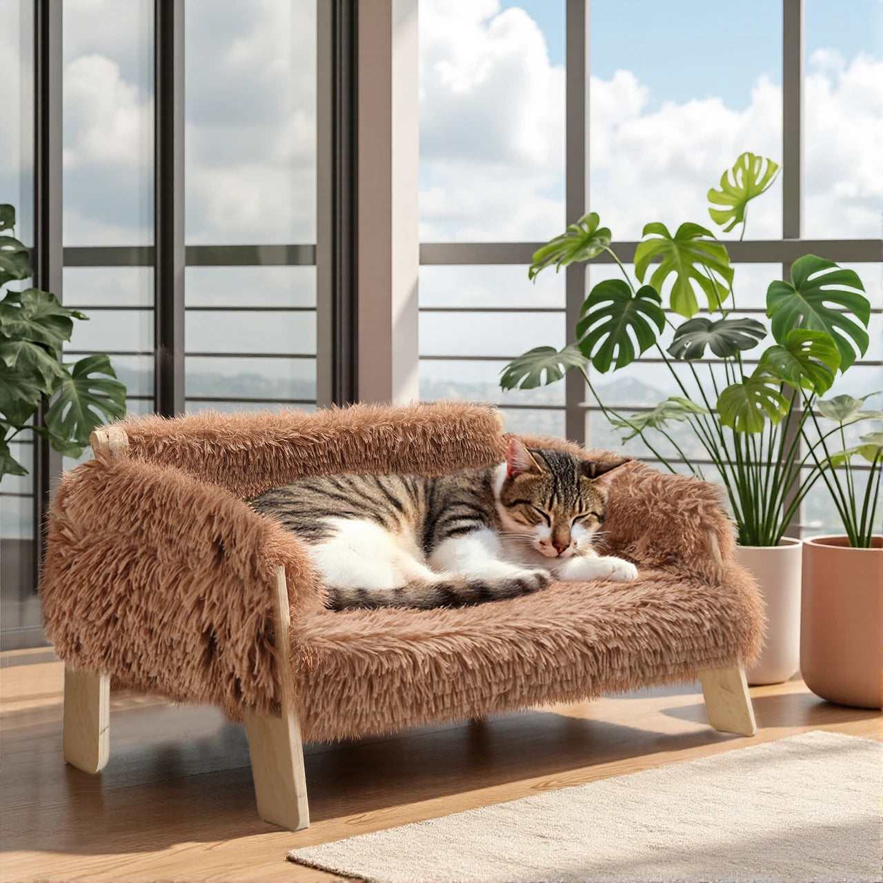 Raised Plush Cat Sofa Bed With Sturdy Wooden Legs Indoor
