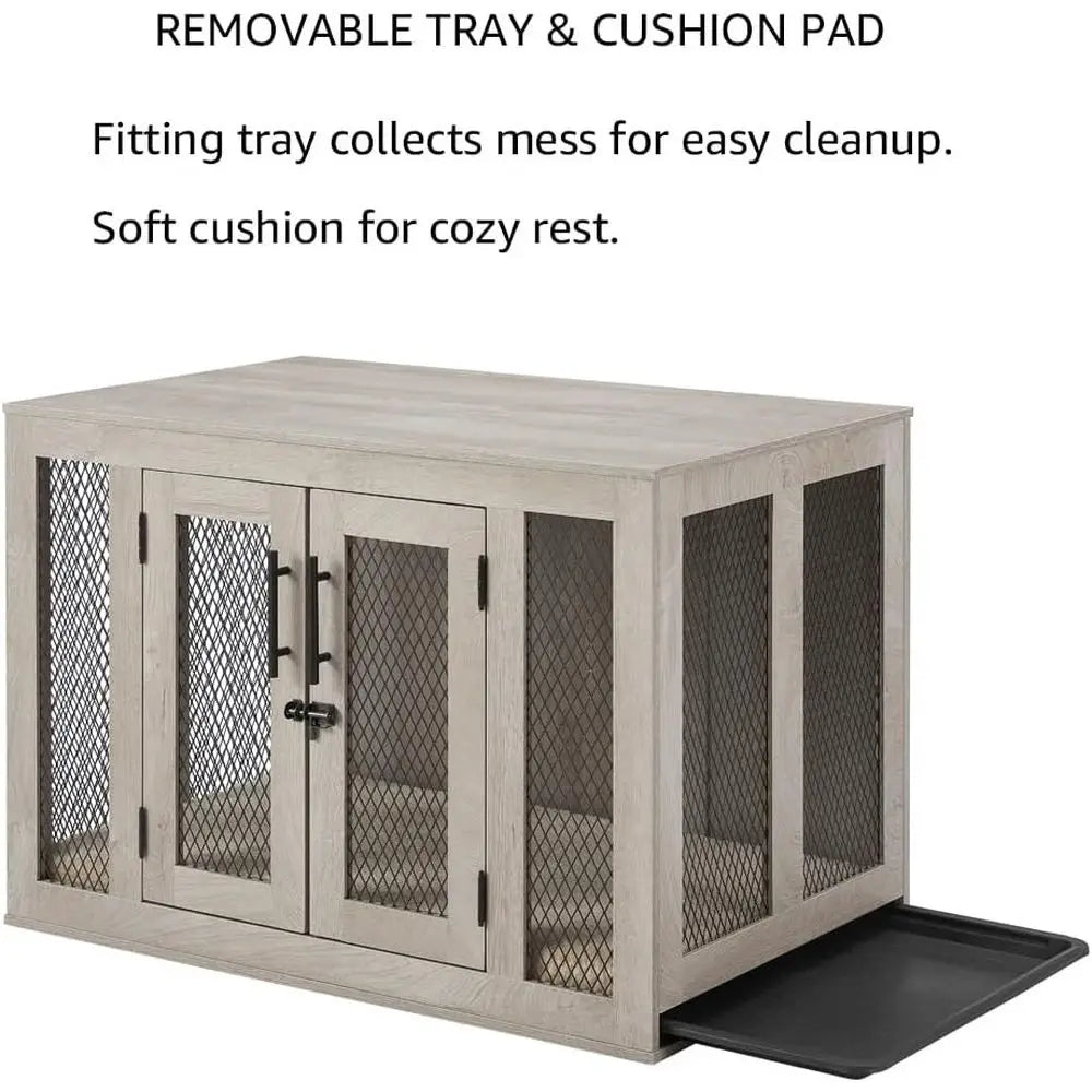 Modern End Table Dog Crate With Sturdy Tray And Comfort Cushion