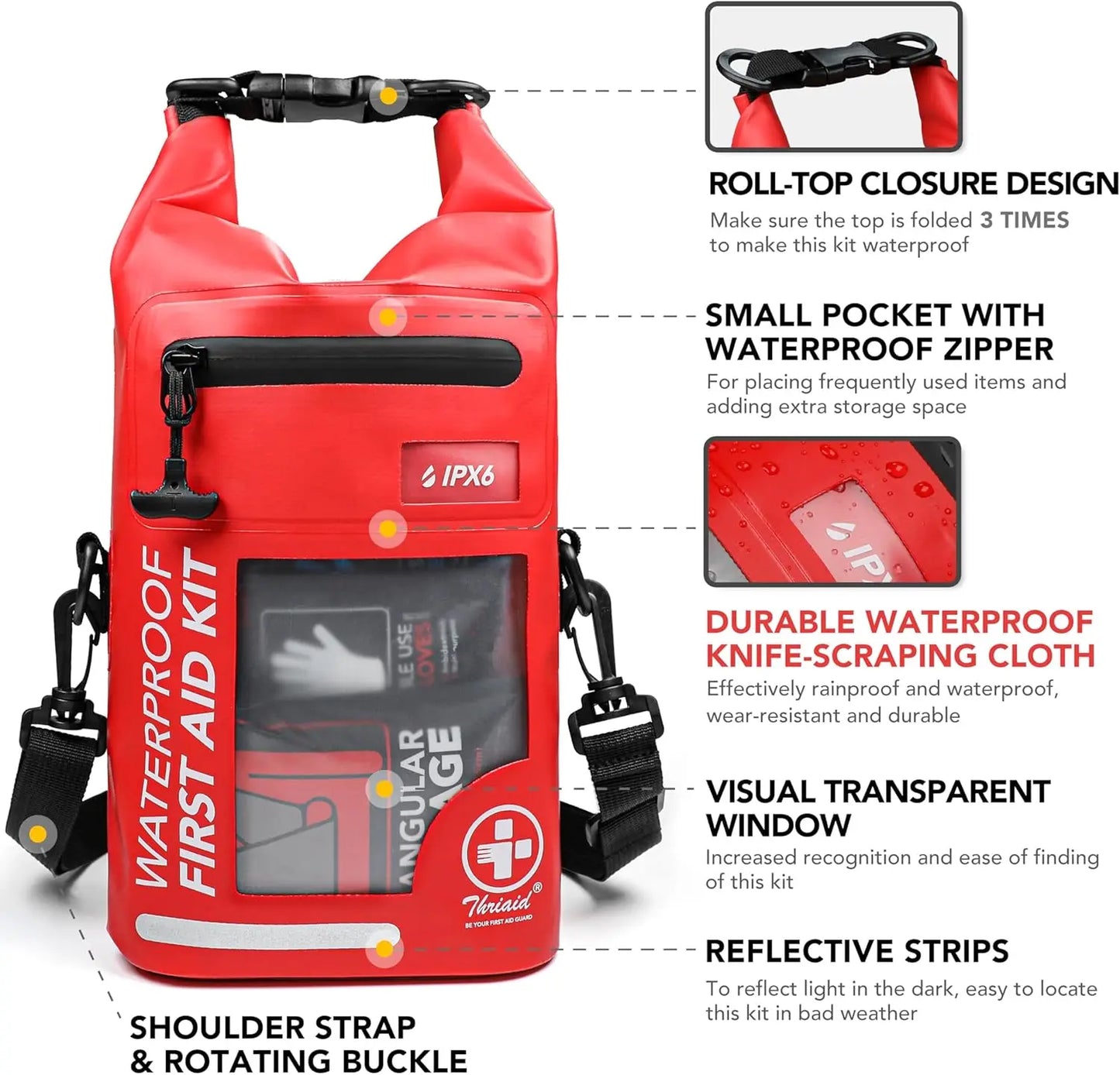 Waterproof 250 Piece First Aid Kit With Reflective Dry Bag For Outdoors