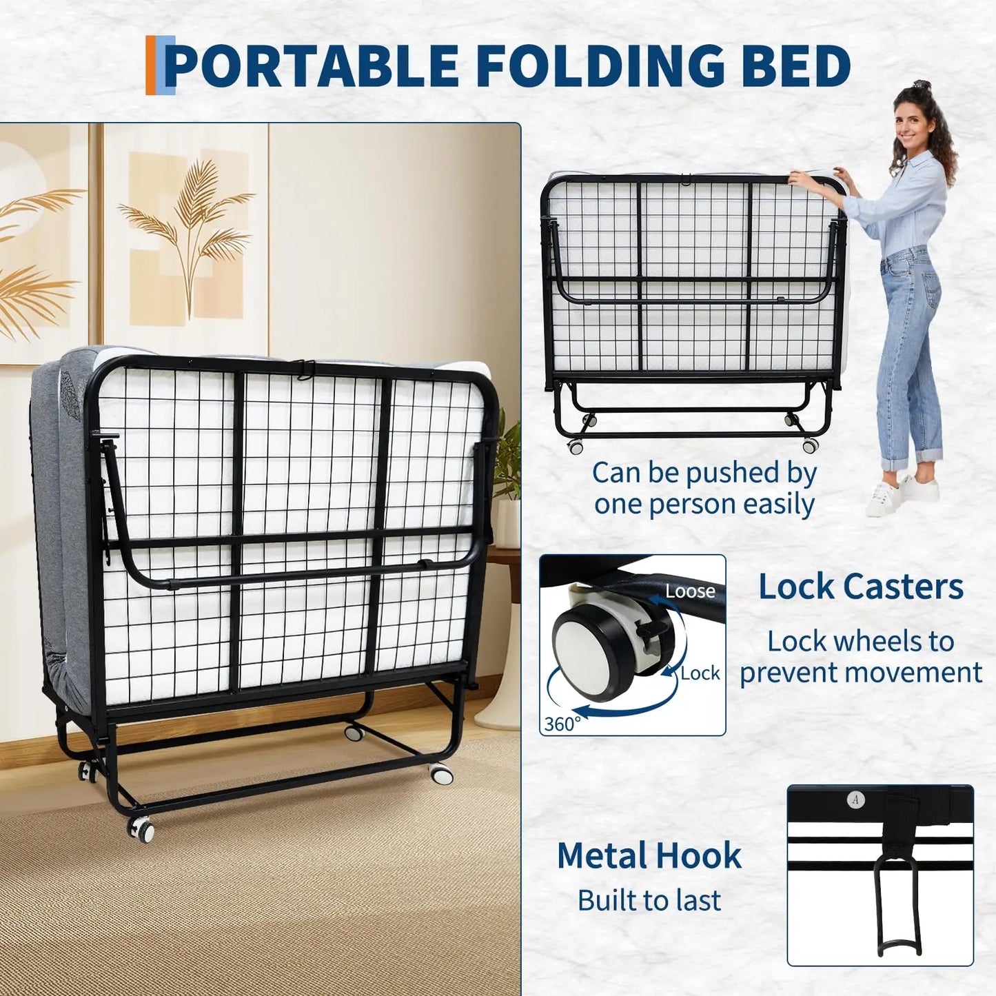 HiMISS Folding Bed With Memory Foam Mattress Portable Rollaway Bed For Adults