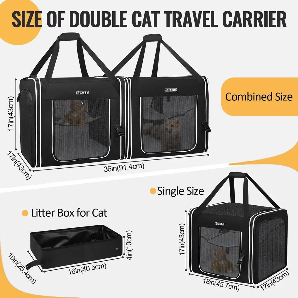 Portable Double Cat Carrier With Litter Box For Multiple Cats