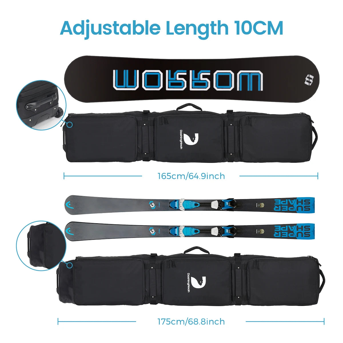 Wheeled Ski And Snowboard Bag Carrier Case For Winter Sports