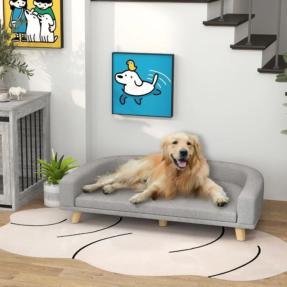 Luxury Large Dog Couch With Washable Cover And Wooden Legs