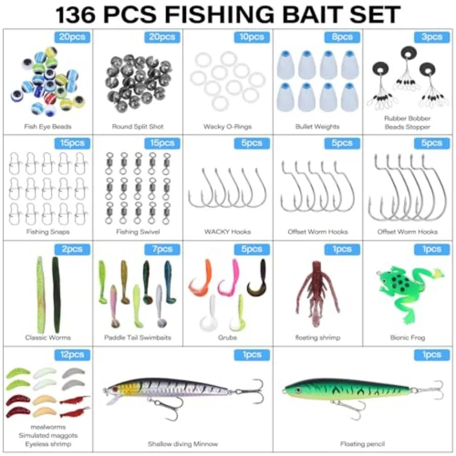 Fishing Tackle Bags With Tackle Box Waterproof Padded Strap 136 Pcs Lures Kit