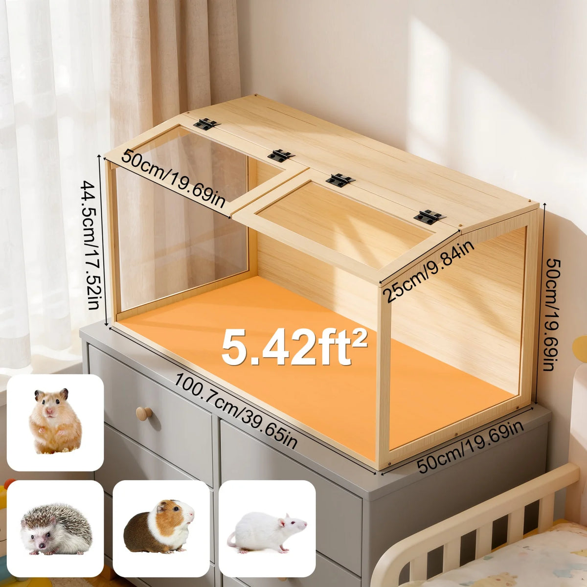 Chewproof Wooden Hamster Cage Tempered Glass Panels And LED Light